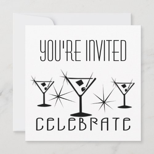 Celebrate _ Retro Martinis _ Black  White Invitation