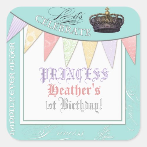 Celebrate Royally Princess Birthday Party Girl Square Sticker