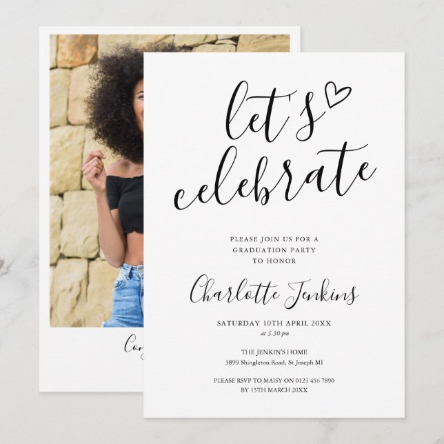 Celebrate Script Heart Photo Graduation Party Invitation (Front/Back)