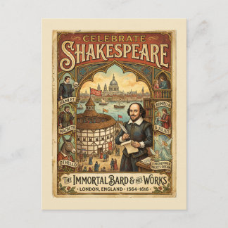 Celebrate Shakespeare Vintage Inspired Colorful Postcard