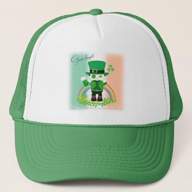 Celebrate St. Patrick's Day with a Lucky Cat Trucker Hat (Front)