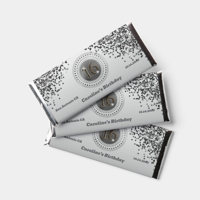 Celebrate Sweet 16, Black Glitter Hershey Bar Favors (Front)