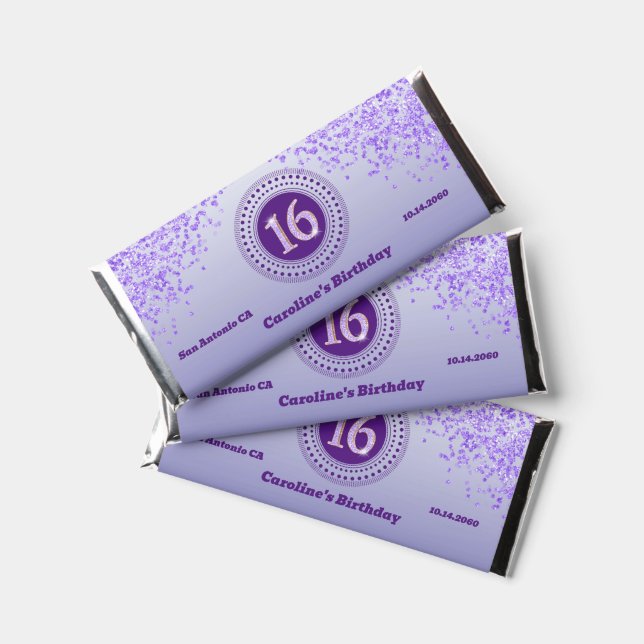 Celebrate Sweet 16, Purple Glitter  Hershey Bar Favors (Front)