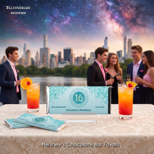 Celebrate Sweet 16, Teal Blue Glitter Hershey Bar Favors