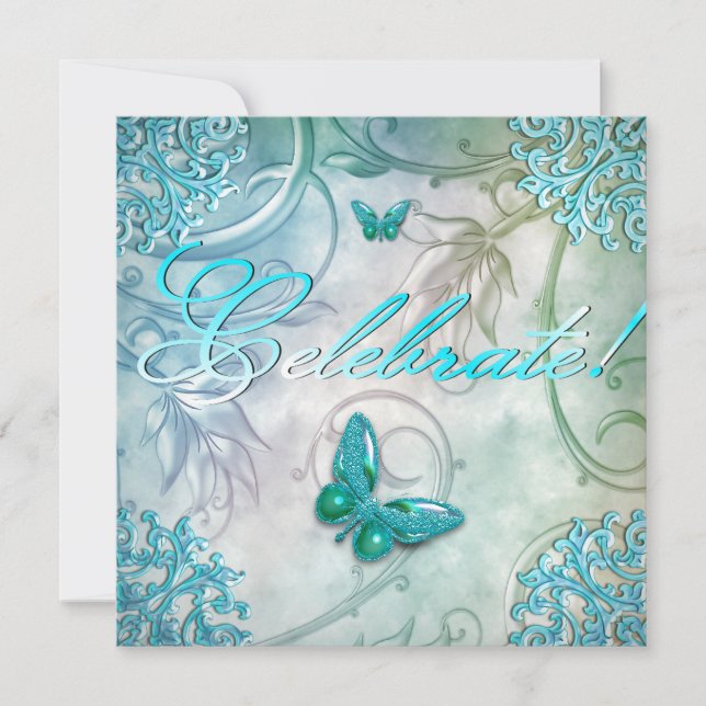 Celebrate Teal Blue Butterfly Floral Birthday Invitation (Front)