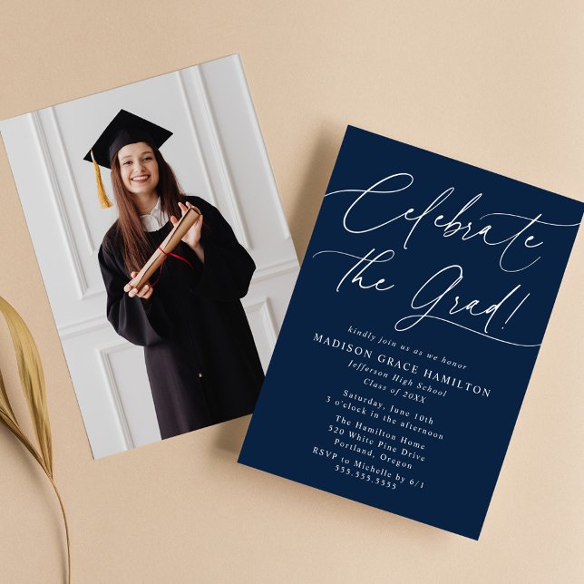 Celebrate the Grad Navy Photo Graduation Party Invitation (Creator Uploaded)