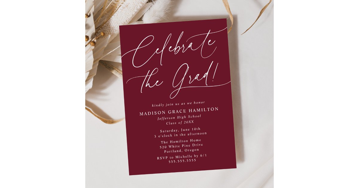 Grad Party Invite Script Celebrate the Grad Script Maroon Graduation Party Invitation | Zazzle