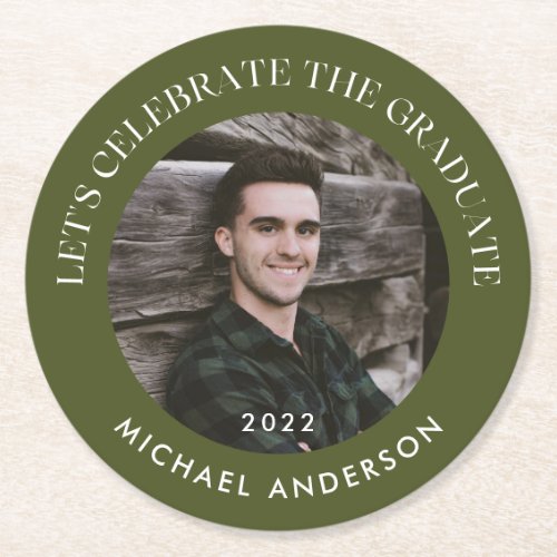 Celebrate the Graduate Green Circle Graduation Round Paper Coaster