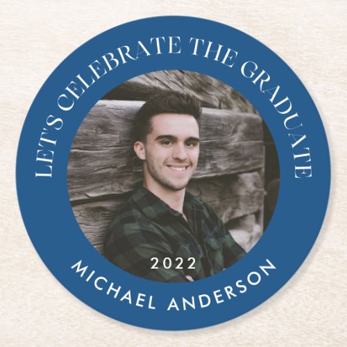 Celebrate the Graduate Modern Blue Graduation Round Paper Coaster