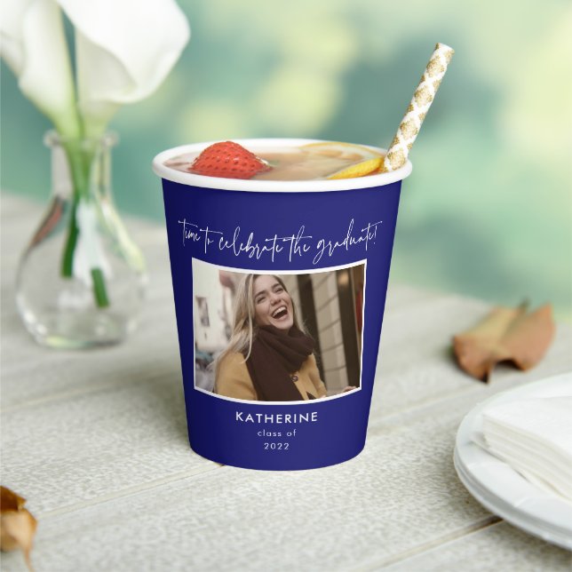 Celebrate the Graduate Modern Blue Script Paper Cups (Insitu)