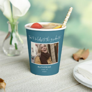 Celebrate the Graduate Modern Turquoise Script Paper Cups