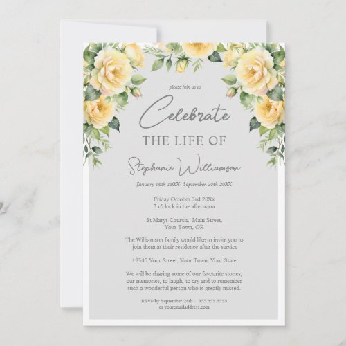 Celebrate the Life of 4 Photo Yellow Rose Funeral  Invitation