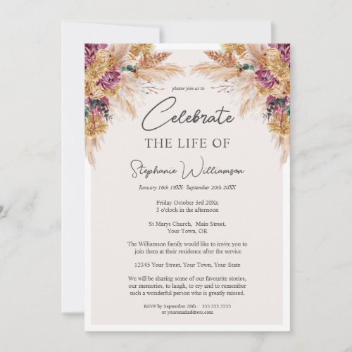 Celebrate the Life of Photo Autumn Floral Funeral  Invitation