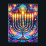 Celebrate the spirit of Hanukkah  Postcard<br><div class="desc">Celebrate the spirit of Hanukkah,  captured in a mesmerizing display of a menorah with its lights dancing in psychedelic hues,  a cosmic celebration of light and joy. 🕎✨🌈</div>