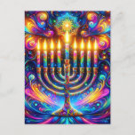 Celebrate the spirit of Hanukkah  Postcard<br><div class="desc">Celebrate the spirit of Hanukkah,  captured in a mesmerizing display of a menorah with its lights dancing in psychedelic hues,  a cosmic celebration of light and joy. 🕎✨🌈</div>