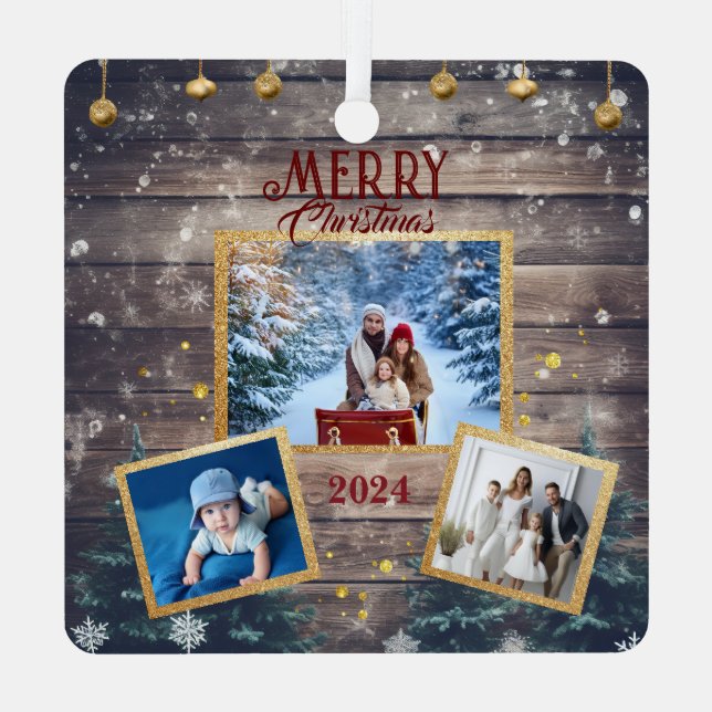 Celebrate Togetherness: 3-Photo Family Christmas  Metal Ornament (Back)