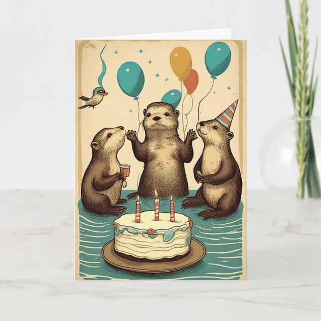 Celebrate w/ Otters Birthday Greeting Card  (Front)