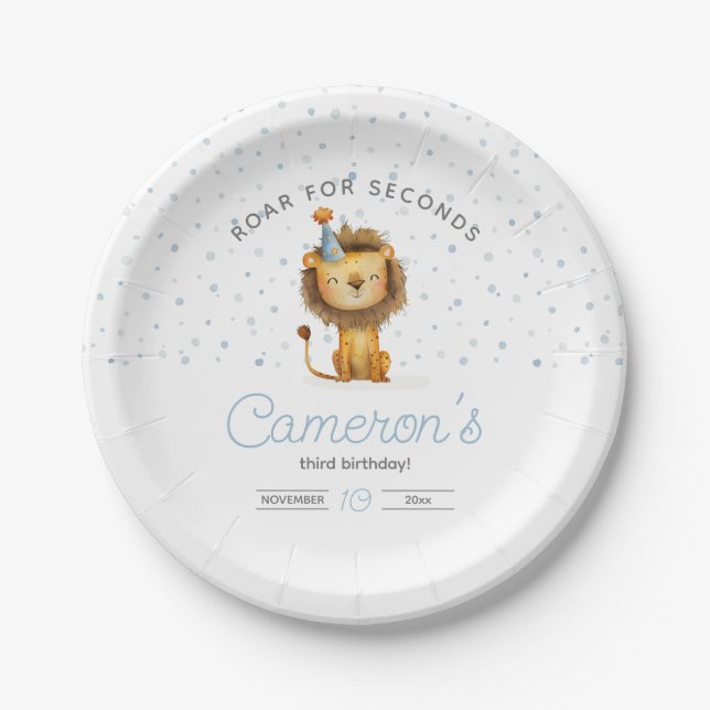 Celebrate with a Roar! Boy's Lion Birthday Paper Plates (Front)