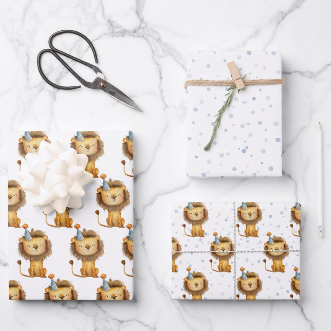 Celebrate with a Roar! Boy's Lion Birthday Wrapping Paper Sheets (Front)