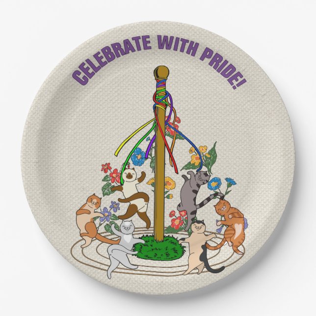 Celebrate With Pride Maypole Cats Party  Paper Plates (Front)