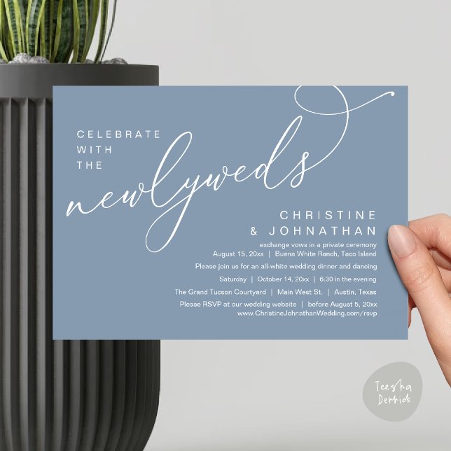 Celebrate with the Newlyweds, Romantic Wedding Invitation (Celebrate with the Newlyweds, Modern Romantic Wedding Dinner Party Invitation Card PDF Dusty Blue)