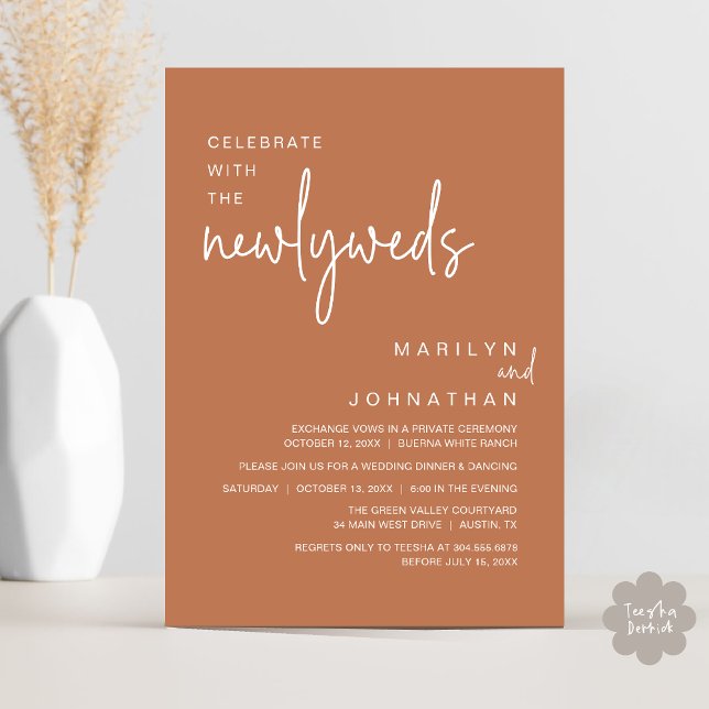 Celebrate With The Newlyweds, Wedding Dinner Party Invitation (Celebrate With The Newlyweds, Modern Clean Wedding Dinner Party Invitation Card PDF Copper Brown)
