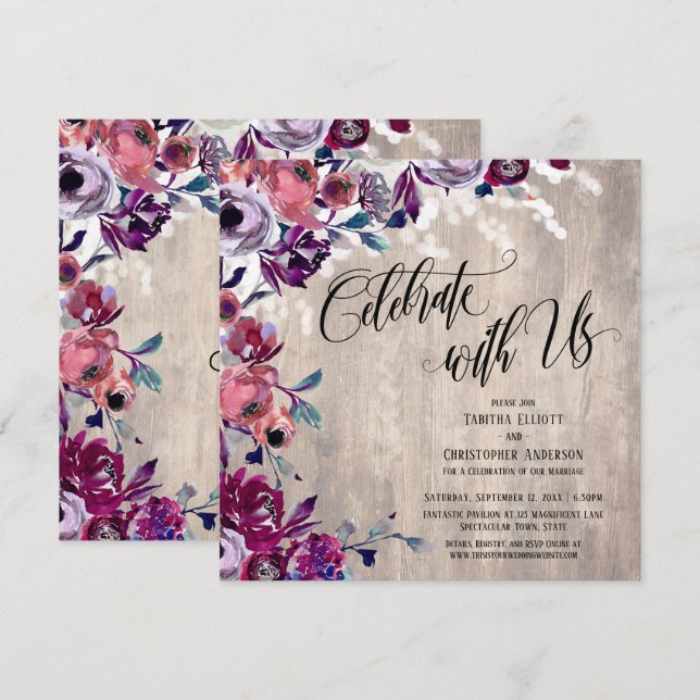 Celebrate with Us Bold Flowers Pale Wood & Lights Invitation (Front/Back)