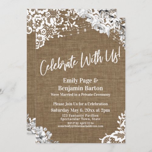 Celebrate With Us Burlap Lace Floral Lights Party Invitation