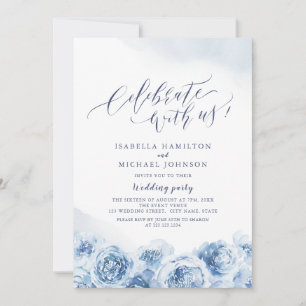 Celebrate With Us! calligraphy dusty blue floral Invitation