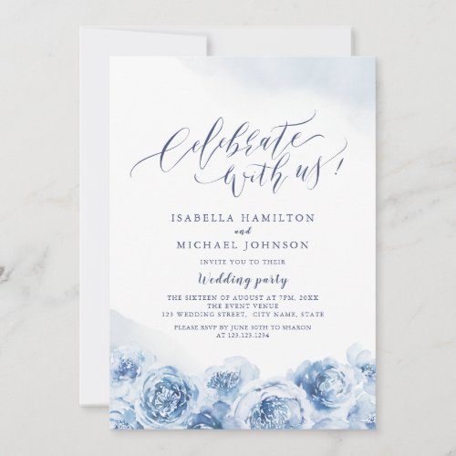 Celebrate With Us calligraphy dusty blue floral Invitation