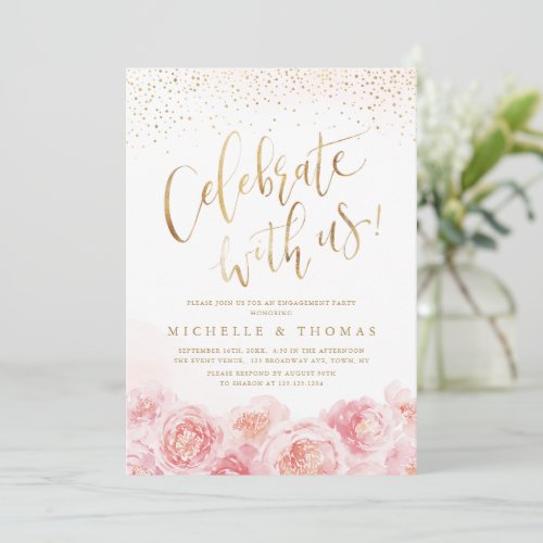 Celebrate With Us calligraphy gold  blush floral Invitation