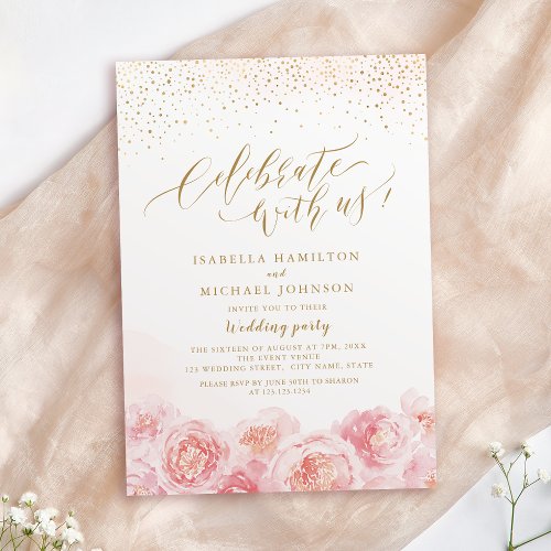Celebrate With Us calligraphy gold  blush floral Invitation