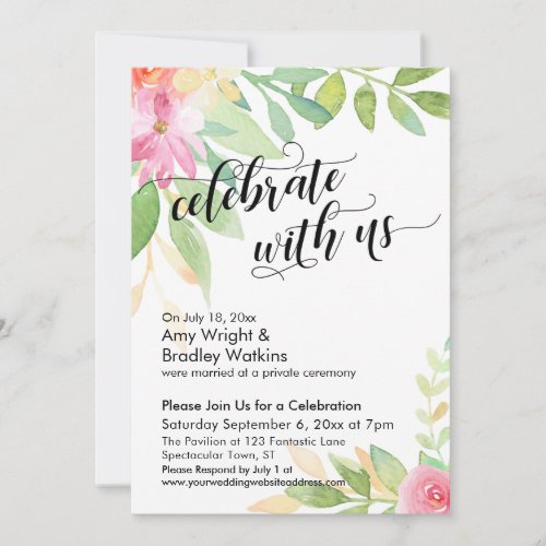 Celebrate with Us Calligraphy Watercolor Flowers Invitation