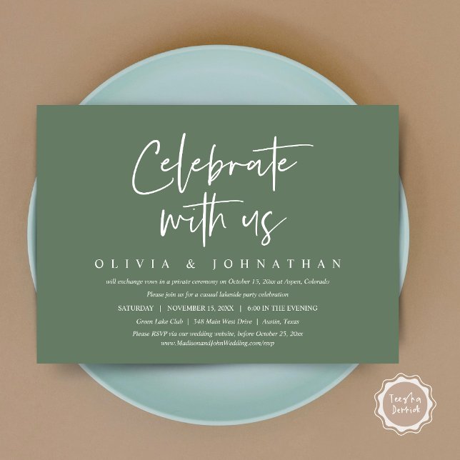 Celebrate with us, Casual Wedding Elopement Party Invitation (Celebrate With Us, Wedding Elopement Brunch, Lunch, Dinner Party Invitation Card, PDF, Sage Green)