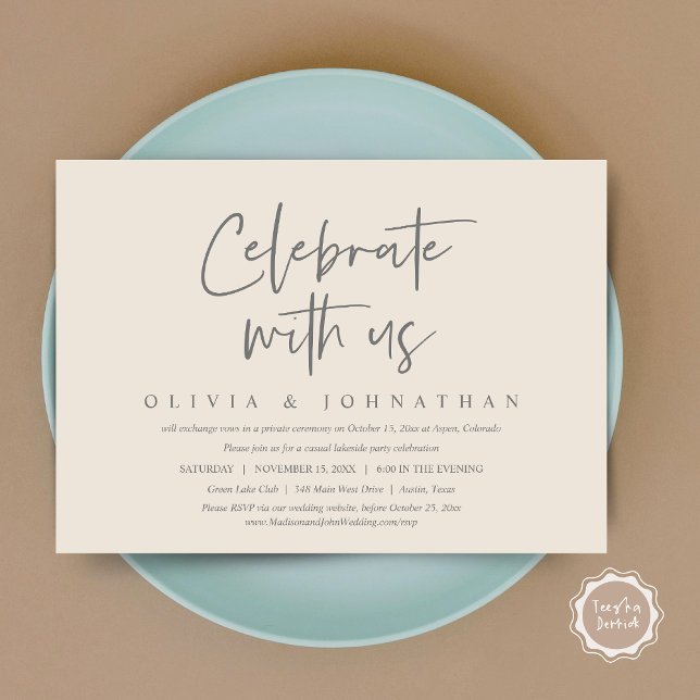 Celebrate with us, Casual Wedding Elopement Party Invitation (Celebrate With Us, Wedding Elopement Brunch, Lunch, Dinner Party Invitation Card, PDF, Cream Grey)