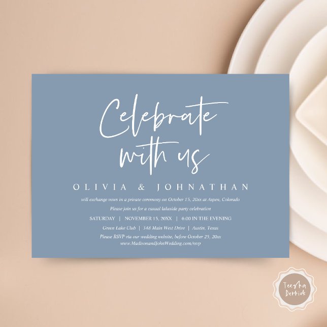 Celebrate with us, Casual Wedding Elopement Party Invitation (Celebrate With Us, Wedding Elopement Brunch, Lunch, Dinner Party Invitation Card, PDF, Dusty Blue)