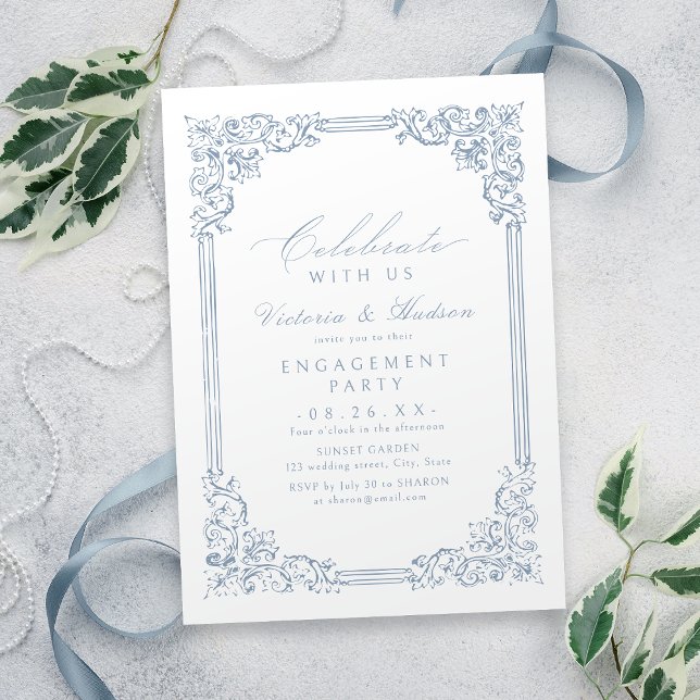 Celebrate With Us! Dusty Blue Vintage Engagement  Invitation (Celebrate With Us! Dusty Blue Vintage Engagement Invitation)