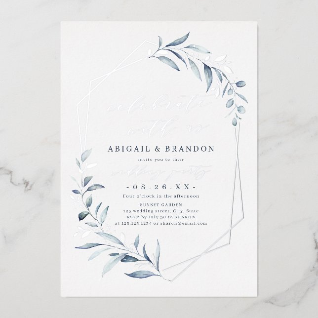 Celebrate With Us! Dusty Greenery Rose Gold Party  Foil Invitation (Front)