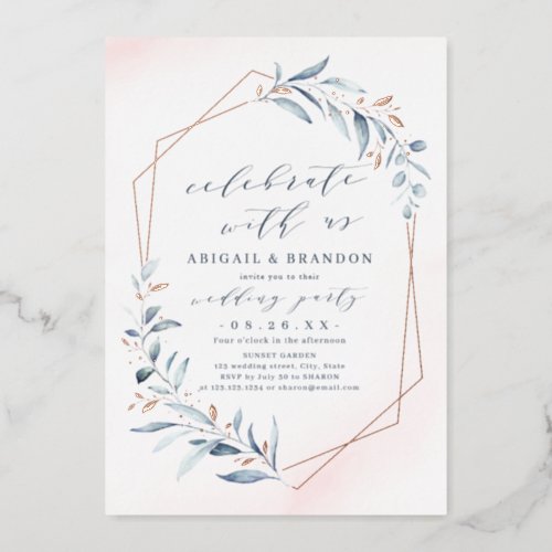 Celebrate With Us Dusty Greenery Rose Gold Party Foil Invitation