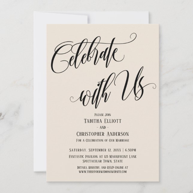 Celebrate with Us Elaborate Script Cream Invitation (Front)