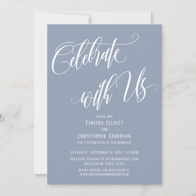 Celebrate with Us Elaborate Script Dusty Blue Invitation (Front)
