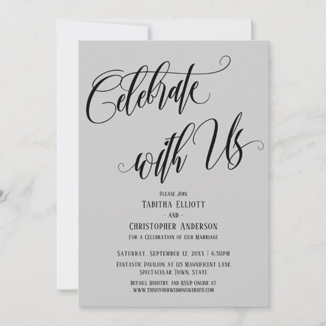 Celebrate with Us Elaborate Script Gray Invitation (Front)