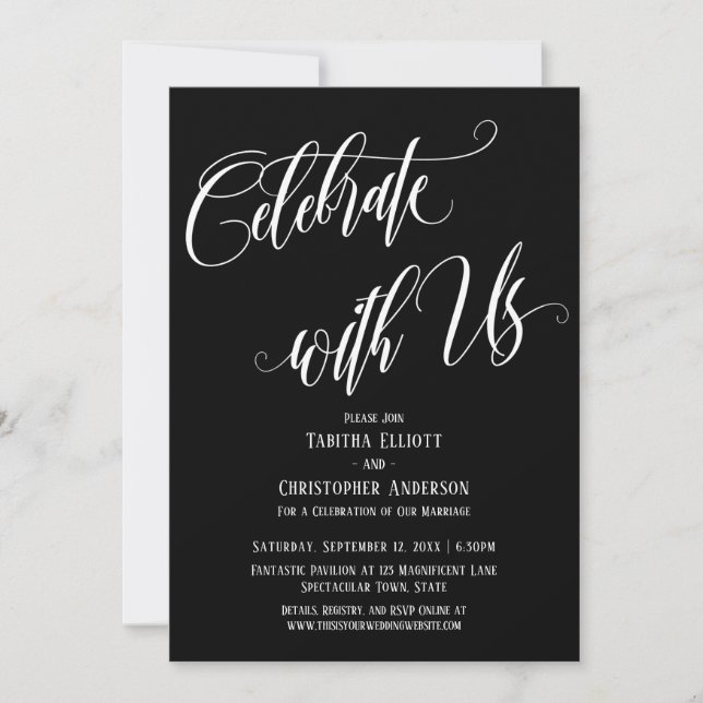 Celebrate with Us Elaborate Script White on Black Invitation (Front)