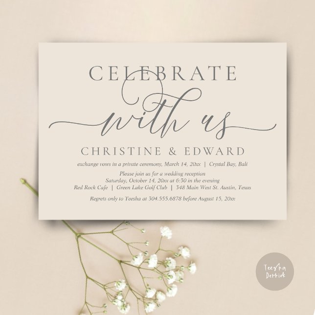 Celebrate with us, Elopement Party, Cream and Grey Invitation (Celebrate with us, Romantic Modern Wedding Elopement Invitation Card, PDF, in Cream Grey)