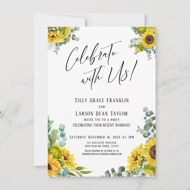 Celebrate with Us! Eucalyptus Sunflower Reception Invitation (Front)