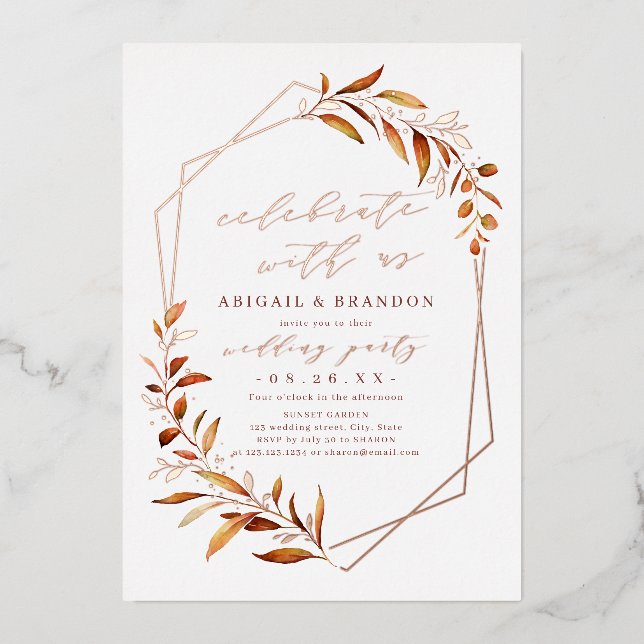 Celebrate With Us! Fall Greenery Wedding Party Foil Invitation (Front)