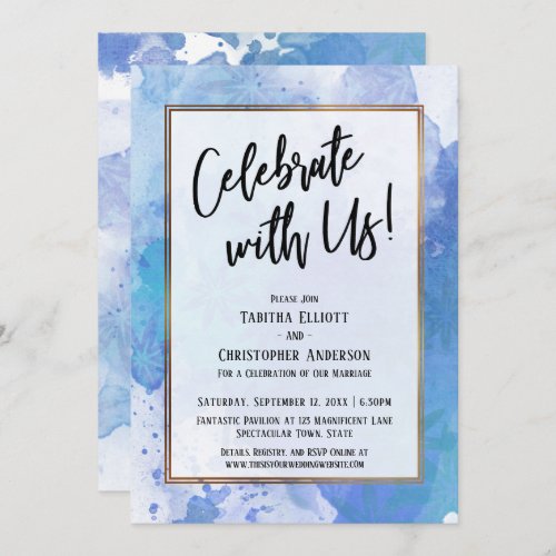 Celebrate with Us Gold Border Abstract Blue Splash Invitation