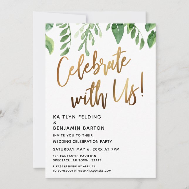 Celebrate With Us! Gold Calligraphy w/ Greenery Invitation (Front)