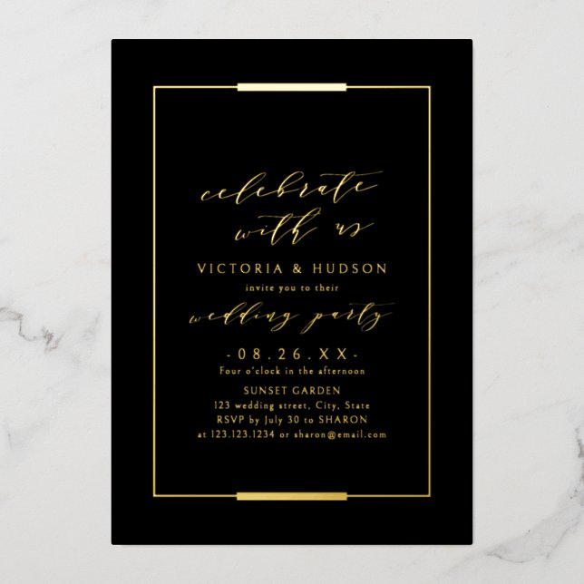 Celebrate With Us! Gold Framed Elegance Wedding Foil Invitation (Front)