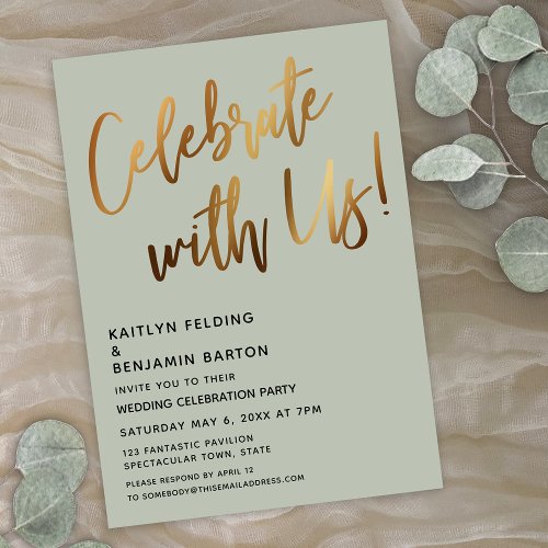 Celebrate With Us Gold Handwriting Sage Green Invitation